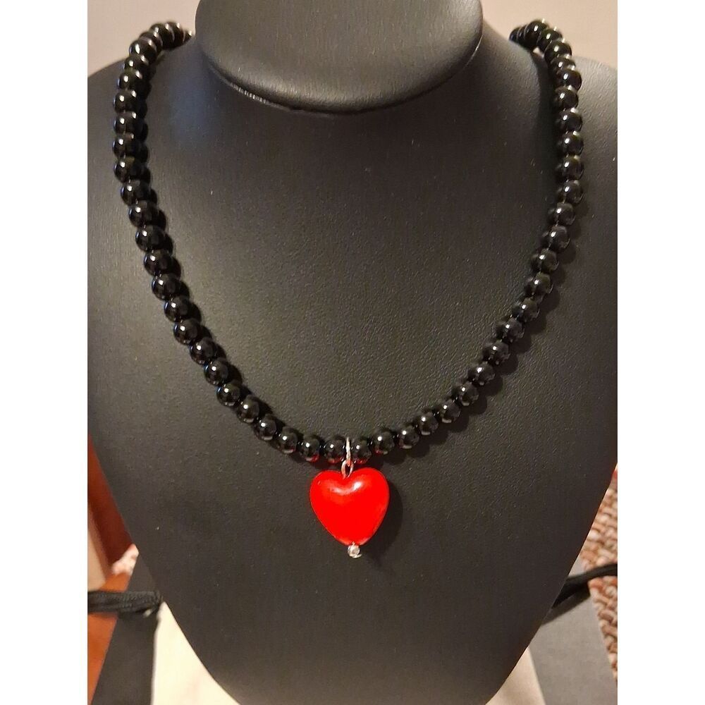 MAYAMAR Black Beaded Red Glossy Heart Necklace New